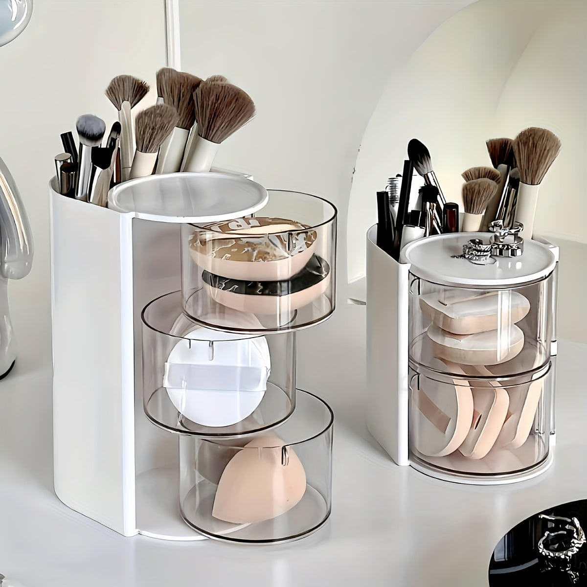 1pc Multi-Layer Rotating Makeup Organizer - White/Pink Cosmetic Storage Box with Drawers, Ideal for Powder, Eyeshadow, Makeup Brushes | Sleek Desktop Organizer for Home Decor, Vanity Display, Makeup Brushe, Desk & Drawer Organizer for Home Storage