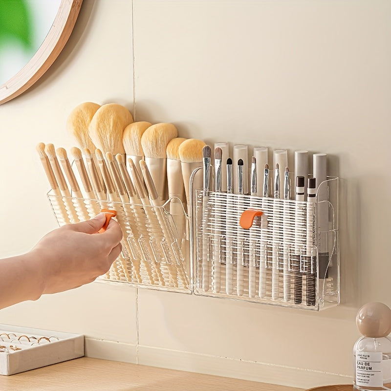 1pc Punch-Free Wall-Mounted Storage Box, Makeup Brush And Eyebrow Pencil Rack, Pull-Out Lipstick Storage Box, Double-Row Folding Makeup Brush Storage Box, Can Store 16 Brushes at The Same Time, Ideal Gift