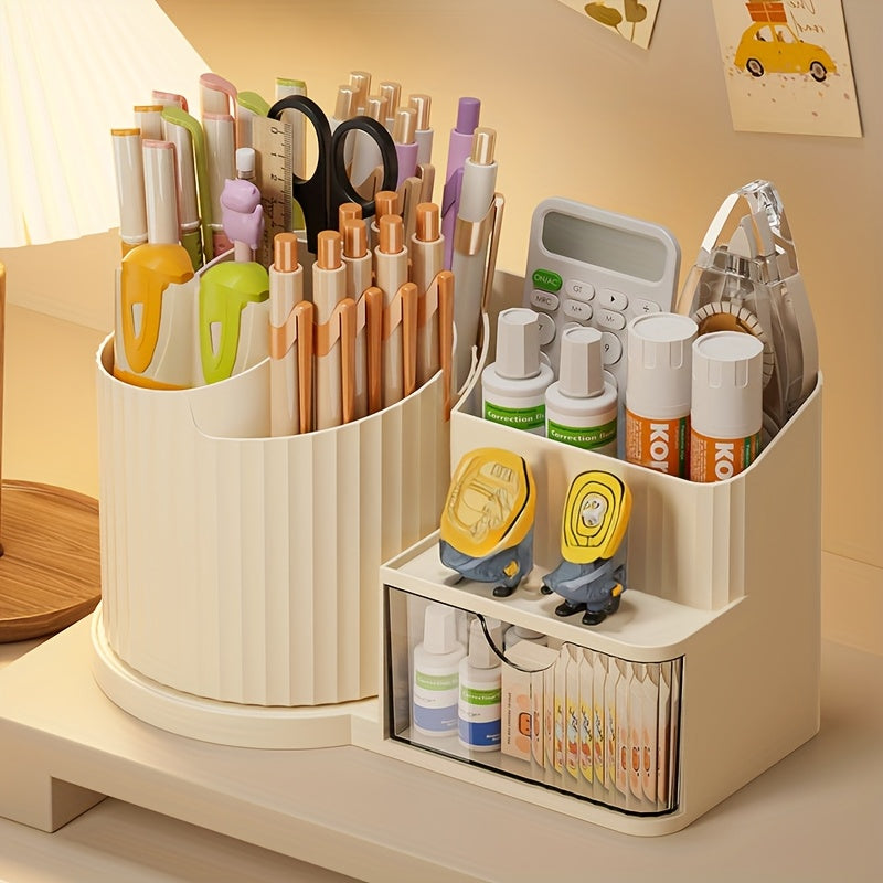 360° Rotating Makeup Organizer with Brush Holder & Drawer - Makeup Vanity Organizer with Brush Storage, Lipstick, Skincare, Office Stationery - Space-Saving Countertop Organizer, No Power Needed, Elegant White Finish - Perfect for Home, Salon, Bathroom,