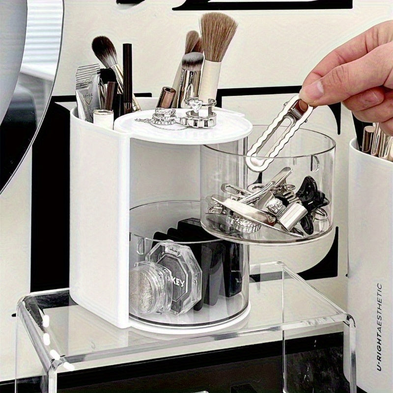 1pc Versatile Desktop Cosmetic Display, Travel-Friendly Rotating Dust-Resistant Makeup Egg Air Cushion Organizer for Dressing Tables, Multi-Tier Lipstick And Makeup Brush Holder with High Storage Capacity