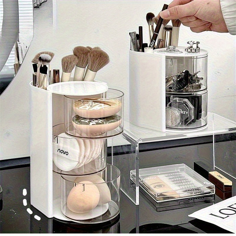 1pc Versatile Desktop Cosmetic Display, Travel-Friendly Rotating Dust-Resistant Makeup Egg Air Cushion Organizer for Dressing Tables, Multi-Tier Lipstick And Makeup Brush Holder with High Storage Capacity