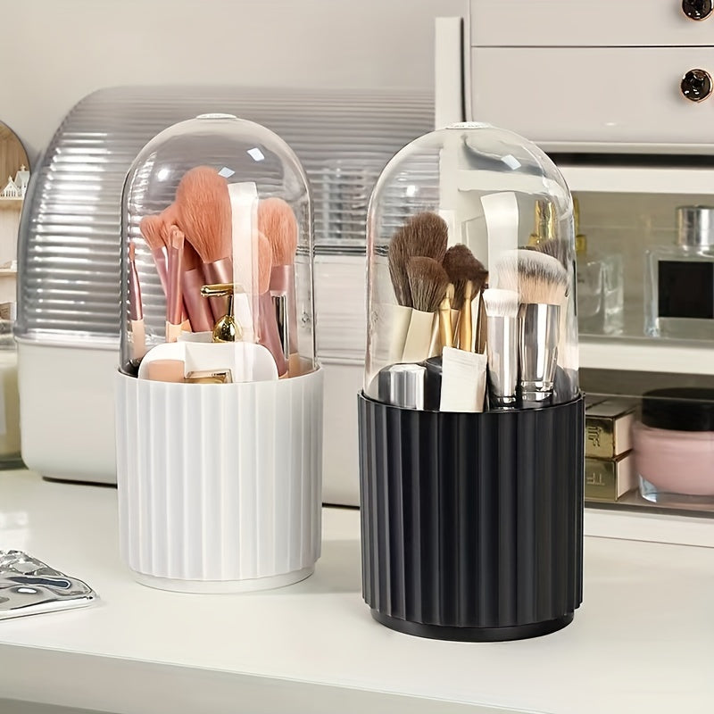 [360° Rotating Makeup Organizer] 360° Rotating Makeup Organizer with Clear Dome Lid - Spacious Vanity Storage Box, Stable Base, Durable Plastic Construction for Home, Salon, Office - Makeup Vanity Desk, Home Organization, Sleek Design, Sturdy