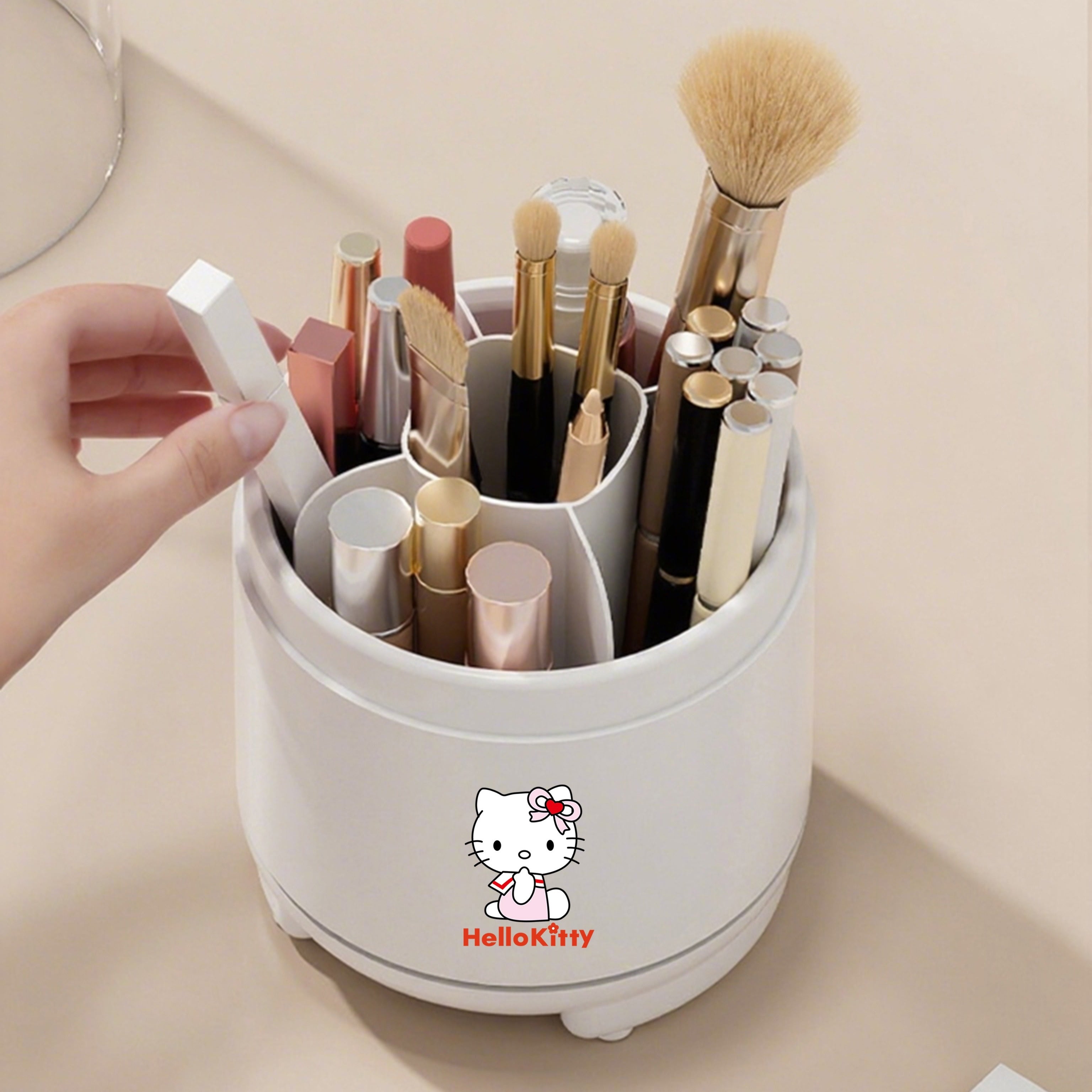 Sanrio for hello kitty 360° Rotating Makeup Brush Organizer with Transparent Lid - Cute Polished White & Pink Design, Dustproof & Moisture-Resistant Desktop Storage Box for Bathroom Vanity, Makeup Brushes for Vanity, Playful Character Decor