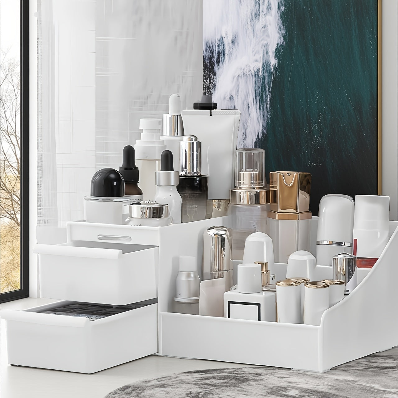 Large INS Style Cosmetic Storage Box with Drawers - Suitable for Bathroom Organization - Used for Perfumes, Creams, Skincare Products, Makeup Brushes and Beauty Tools - Polished Multi-Compartment Design, Durable Space-Saving Vanity Organizer, Sturdy