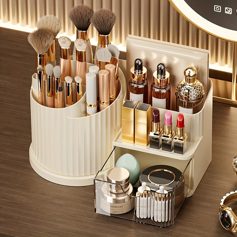 360° Rotating Makeup Organizer with Brush Holder & Drawer - Makeup Vanity Organizer with Brush Storage, Lipstick, Skincare, Office Stationery - Space-Saving Countertop Organizer, No Power Needed, Elegant White Finish - Perfect for Home, Salon, Bathroom,