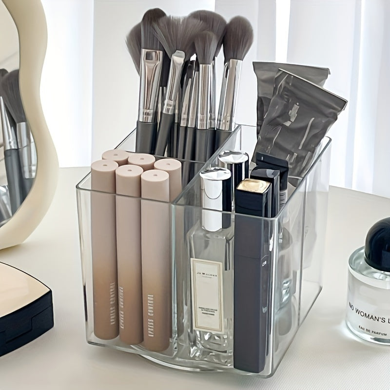 1pc storage for makeup, rotating makeup brush bucket, makeup storage box, pen holder, multifunctional desktop storage box, dressing table storage, desktop storage, stationery storage, office storage, bedroom storage, transparent plastic, rotatable