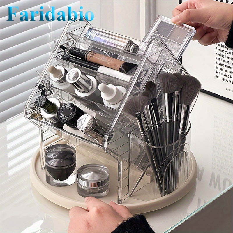 Faridabio 360-Degree Rotating Makeup Organizer with Brush Holder - Freestanding Vanity Cabinet, Heavy-Duty Clear Plastic Construction, Space-Saving Bathroom Storage for Makeup, Jewelry, Beauty Products - No Assembly Needed, Modern Vanity Organizer, Makeup
