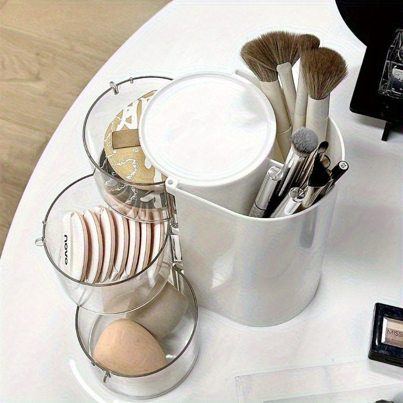 1pc Versatile Desktop Cosmetic Display, Travel-Friendly Rotating Dust-Resistant Makeup Egg Air Cushion Organizer for Dressing Tables, Multi-Tier Lipstick And Makeup Brush Holder with High Storage Capacity