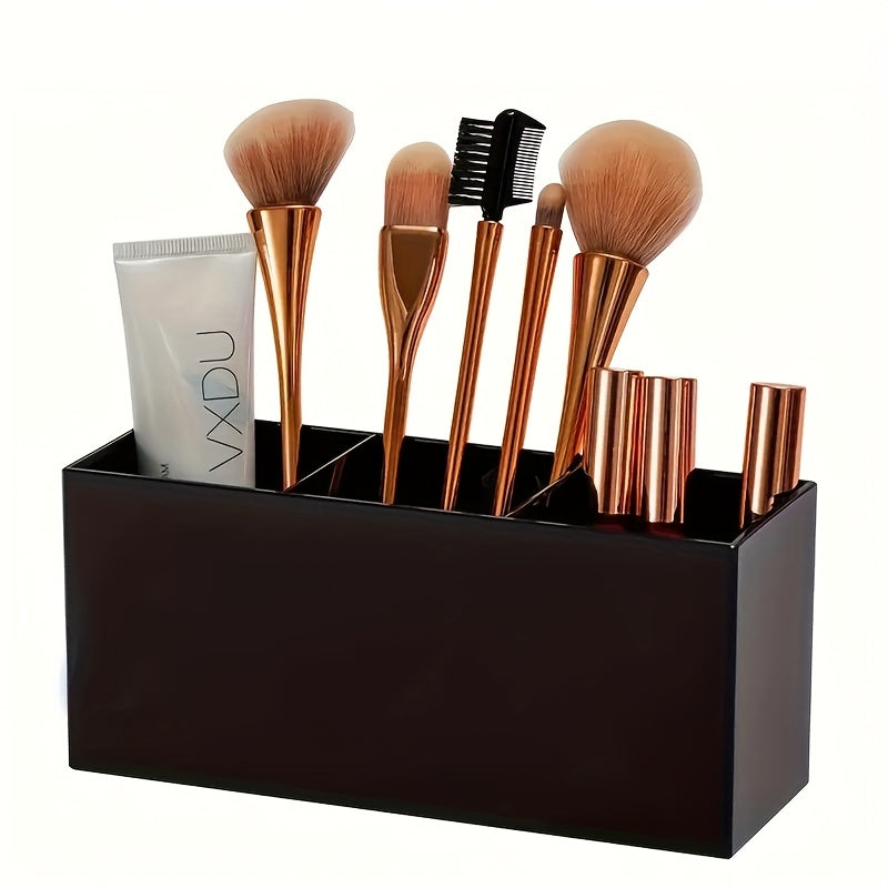 1pc Makeup Brush Organizer with 3 Compartments - Vanity Organizer, Compact Cosmetic Storage Box with Brush Slots for Desk, Bathroom, Travel - Makeup Brush Holder for Professionals & Home Use, Makeup Organizer for Vanity, Sleek Design, Acrylic Material,