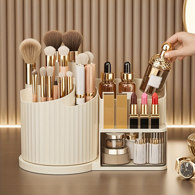 360° Rotating Makeup Organizer with Brush Holder & Drawer - Makeup Vanity Organizer with Brush Storage, Lipstick, Skincare, Office Stationery - Space-Saving Countertop Organizer, No Power Needed, Elegant White Finish - Perfect for Home, Salon, Bathroom,