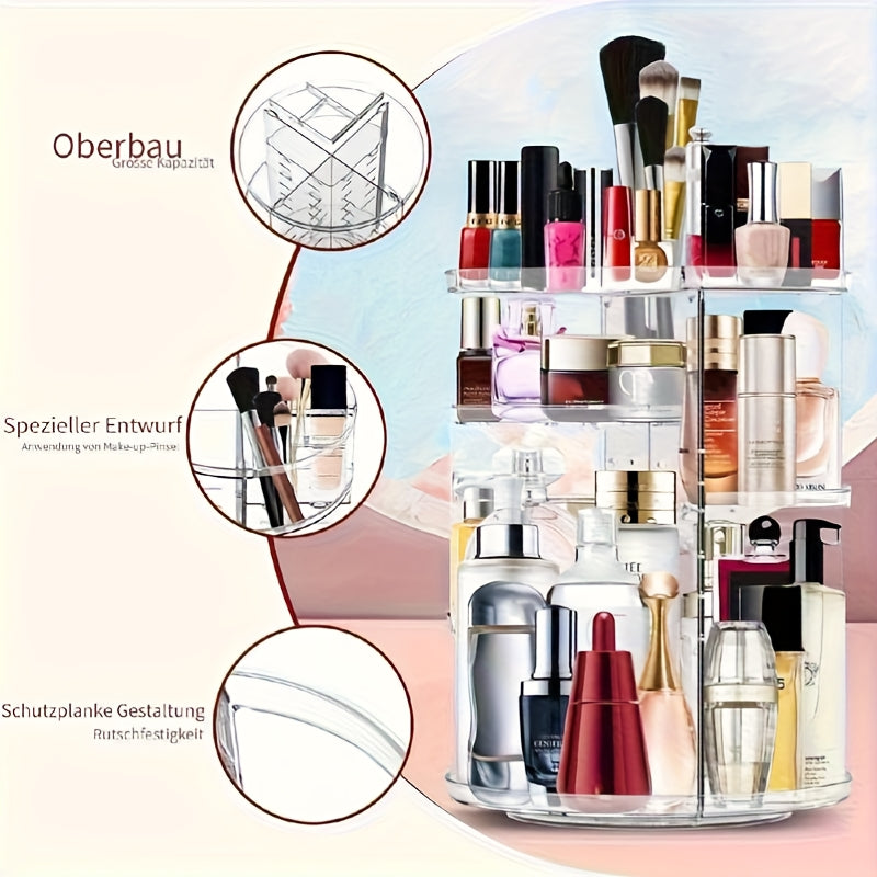 360° Rotating Makeup Organizer - Transparent Vanity Shelf with Multi-Tiered Compartments, Space-Saving Cosmetic Storage for Bathroom, Desk, Dressing Table - Heavy-Duty Plastic Construction, Easy-Clean Vanity Tray, Makeup Vanity Desk, Sleek Beauty Holder,