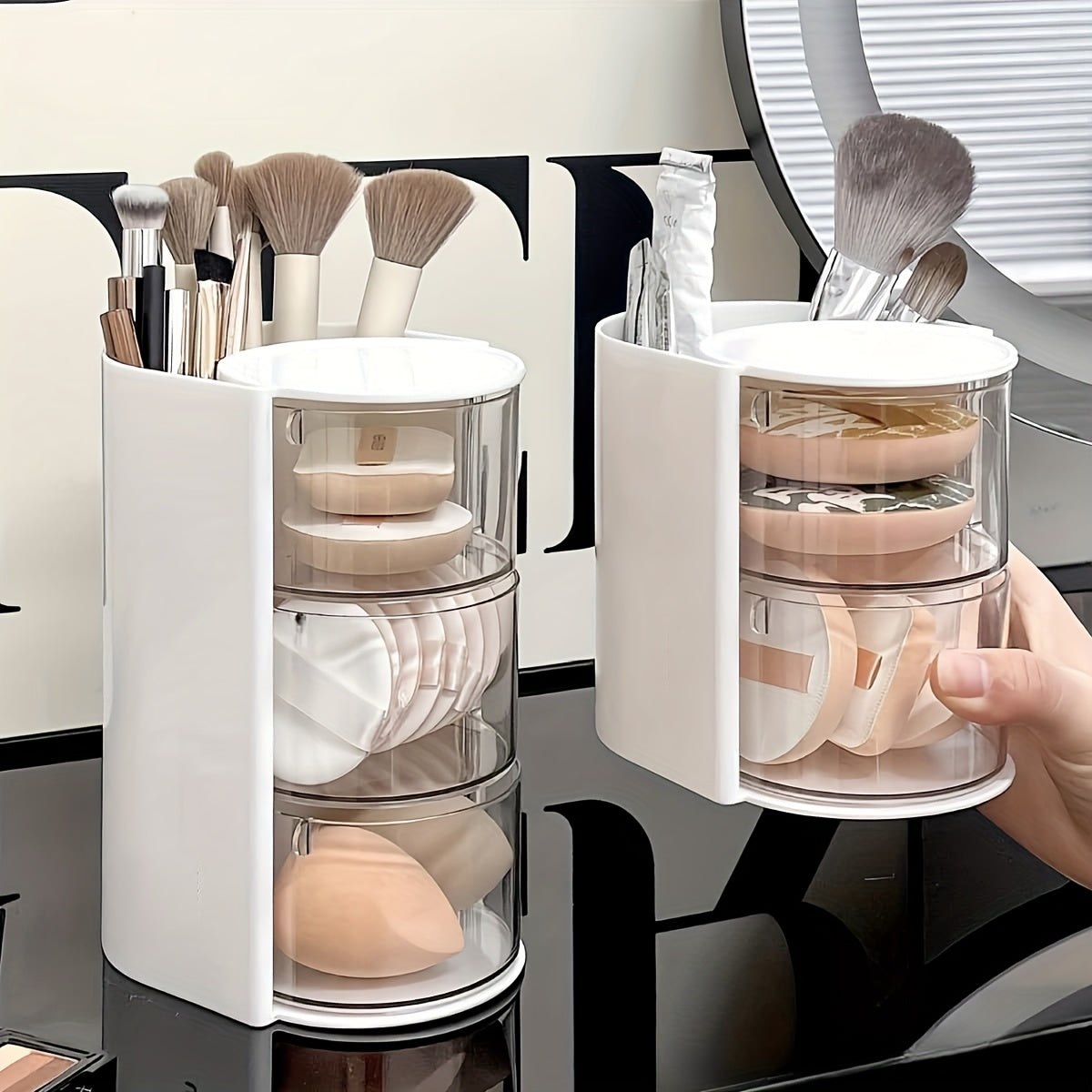 1pc Multi-Layer Rotating Makeup Organizer - White/Pink Cosmetic Storage Box with Drawers, Ideal for Powder, Eyeshadow, Makeup Brushes | Sleek Desktop Organizer for Home Decor, Vanity Display, Makeup Brushe, Desk & Drawer Organizer for Home Storage