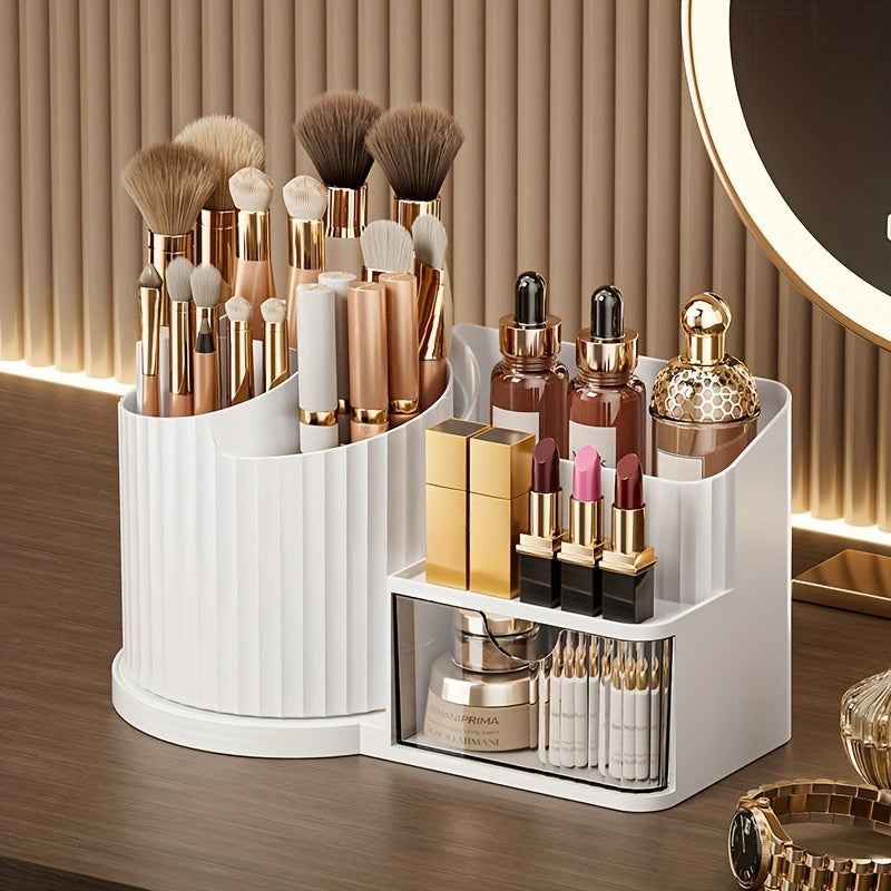 360° Rotating Makeup Organizer with Brush Holder & Drawer - Makeup Vanity Organizer with Brush Storage, Lipstick, Skincare, Office Stationery - Space-Saving Countertop Organizer, No Power Needed, Elegant White Finish - Perfect for Home, Salon, Bathroom,