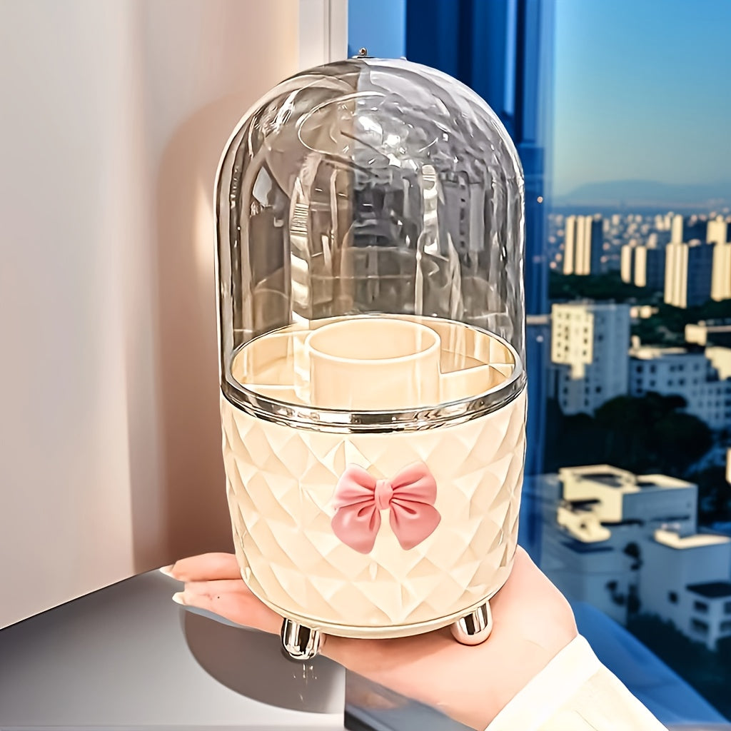 360-Degree Rotating Makeup Organizer with Clear Lid - Bathroom Vanity Organizer, Space-Saving Countertop Storage for Makeup Brushes, Lipstick, Eyeliner - No Power Needed, Durable Plastic Construction - Perfect for Home or, Decorative Bow Accent, Sturdy