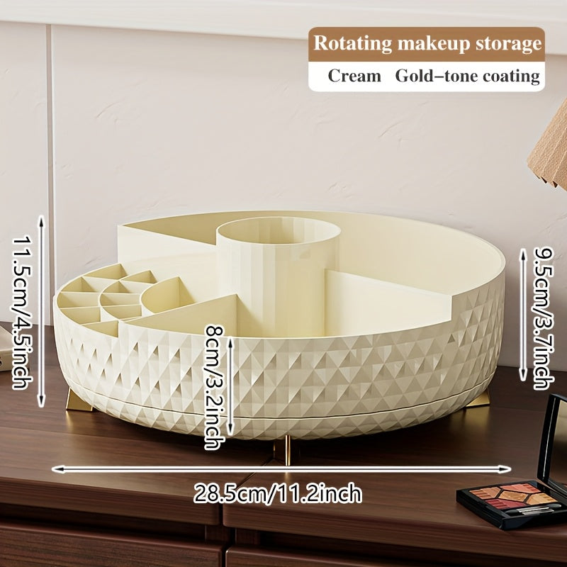 1pc High-End Rotating Makeup Organizer - 11.2" Diamond-Pattern Cosmetic Storage Container with Multiple Compartments, Durable Plastic Vanity Organizer for Lipstick, Skincare & Brushes, Freestanding Bathroom Countertop Display, Valentine's Day Gift,