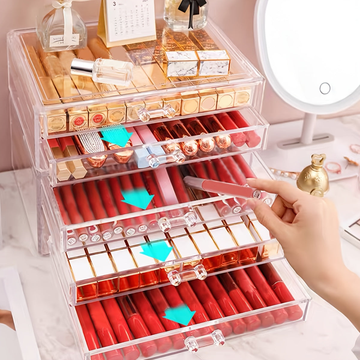 1pc Multi-Layer Transparent Cosmetic & Jewelry Organizer - Waterproof Dustproof Plastic Storage Box with Compartments for Lipstick, Lip Gloss, Makeup Brushes, Vanity & Bathroom Counter Organization, Cosmetic Storage Organizer, Compact Design, Sturdy