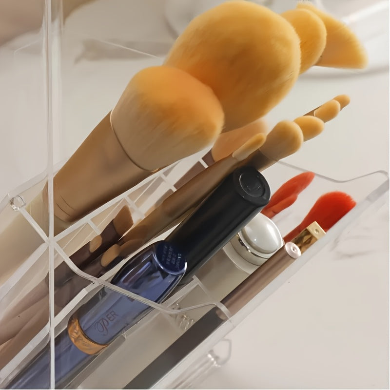 Clear Makeup Brush Organizer with Lid - Transparent Cosmetic Storage Box, Vanity Organizer with Dustproof Cover, Bathroom Countertop Organizer for Professional or Home Use, Space-Saving Makeup Display Case, Makeup Vanity Desk, Durable Plastic Material