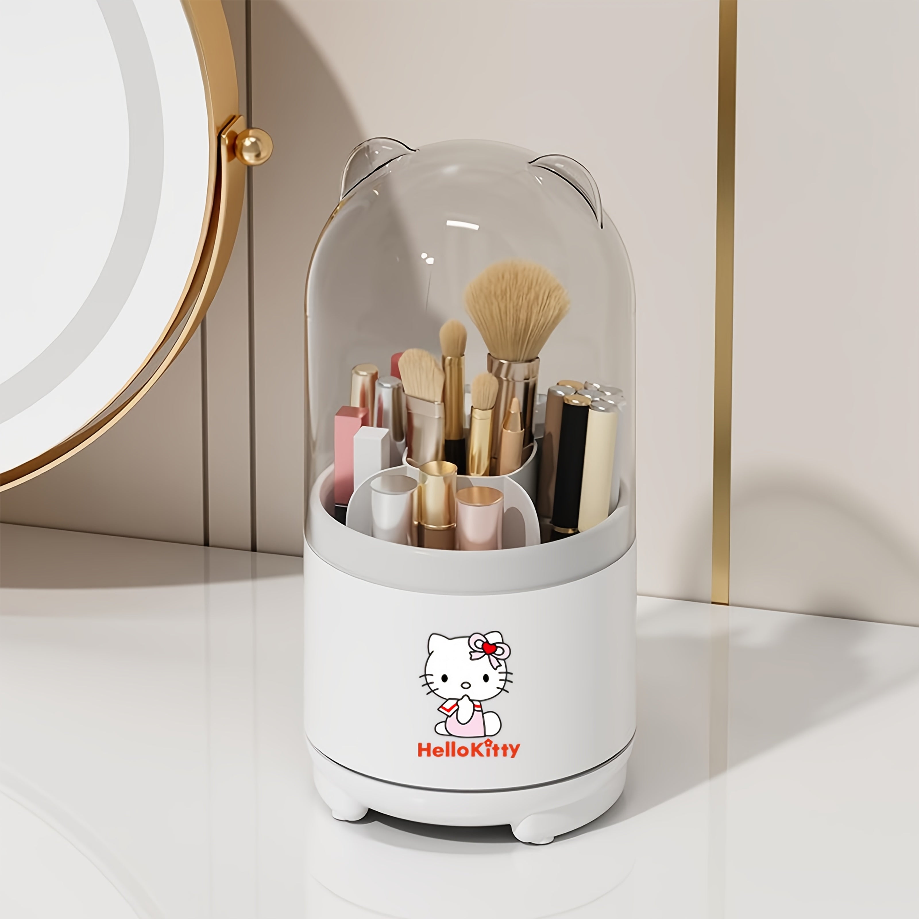 Sanrio for hello kitty 360° Rotating Makeup Brush Organizer with Transparent Lid - Cute Polished White & Pink Design, Dustproof & Moisture-Resistant Desktop Storage Box for Bathroom Vanity, Makeup Brushes for Vanity, Playful Character Decor