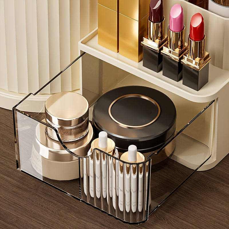 360° Rotating Makeup Organizer with Brush Holder & Drawer - Makeup Vanity Organizer with Brush Storage, Lipstick, Skincare, Office Stationery - Space-Saving Countertop Organizer, No Power Needed, Elegant White Finish - Perfect for Home, Salon, Bathroom,