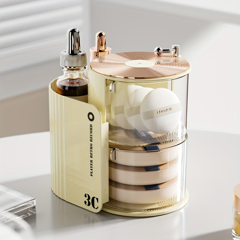 Luxury 3C Rotating Makeup Brush & Puff Storage Box - Dustproof Multi-Layer Design, Independent Smooth Surface Desk Organizer for Dressing Table, Bathroom, Office & Home Use, Countertop Mounting, No Electricity Needed, Countertop Organizer|Sleek