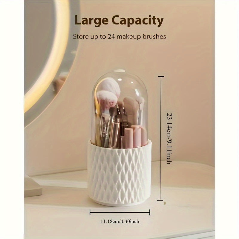 360° Rotating Makeup Brush Holder with Transparent Dome Lid - Dustproof & Waterproof White Hexagonal Organizer, Spacious Countertop Storage for Brushes & Skincare Products, Durable Plastic Vanity Organizer with 360° Spin, No Power Required, Bathroom &