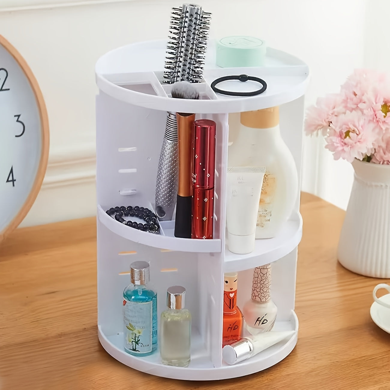 1-Tier Makeup Organizer with 360° Rotating Tray - Adjustable Height Cosmetic Storage Box, Multi-Compartment Vanity Organizer with No Assembly Needed, Space-Saving Countertop or Bathroom Shelf Organizer for Women - Perfect Gift for Makeup Lovers, Makeup