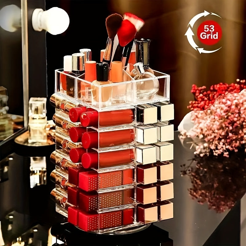 53-Grid Transparent Acrylic Makeup Organizer - Rotating Cosmetic Display Stand for Lipsticks, Brushes, Perfumes & Skincare - Space-Saving Countertop Storage with Elegant Design for Vanity or Bathroom, Makeup Vanity Desk, Sleek Design, Durable Construction