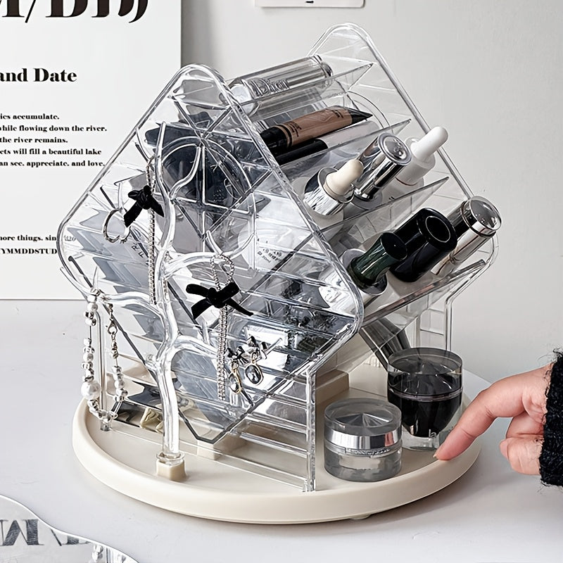Faridabio 360-Degree Rotating Makeup Organizer with Brush Holder - Freestanding Vanity Cabinet, Heavy-Duty Clear Plastic Construction, Space-Saving Bathroom Storage for Makeup, Jewelry, Beauty Products - No Assembly Needed, Modern Vanity Organizer, Makeup