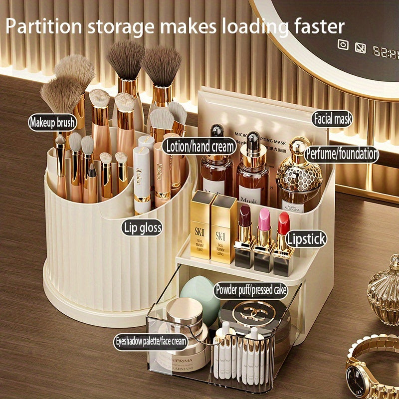 360° Rotating Makeup Organizer with Brush Holder & Drawer - Makeup Vanity Organizer with Brush Storage, Lipstick, Skincare, Office Stationery - Space-Saving Countertop Organizer, No Power Needed, Elegant White Finish - Perfect for Home, Salon, Bathroom,