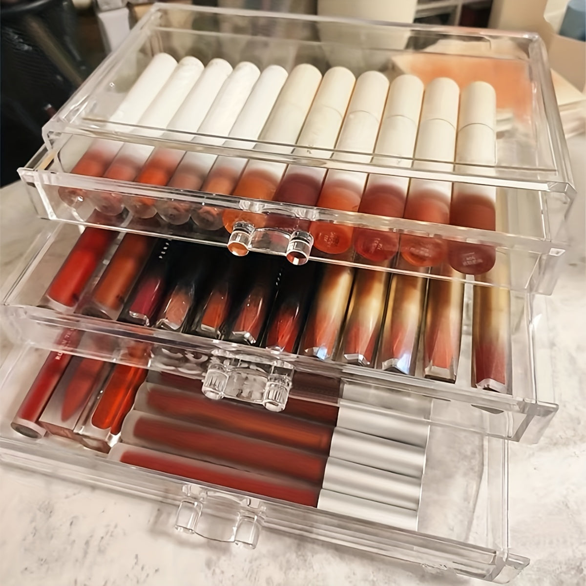 1pc Multi-Layer Transparent Cosmetic & Jewelry Organizer - Waterproof Dustproof Plastic Storage Box with Compartments for Lipstick, Lip Gloss, Makeup Brushes, Vanity & Bathroom Counter Organization, Cosmetic Storage Organizer, Compact Design, Sturdy