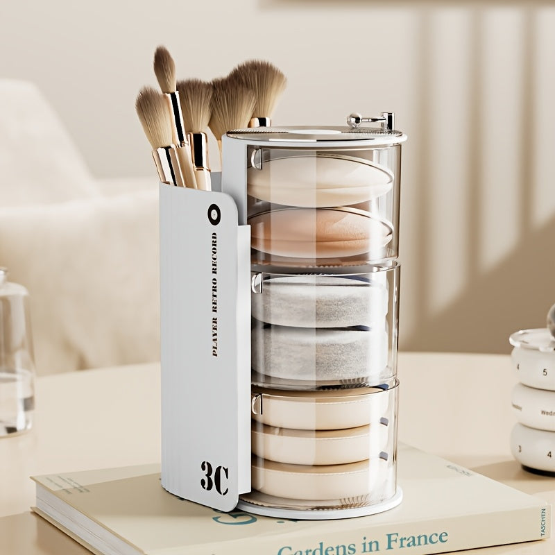 Luxury 3C Rotating Makeup Brush & Puff Storage Box - Dustproof Multi-Layer Design, Independent Smooth Surface Desk Organizer for Dressing Table, Bathroom, Office & Home Use, Countertop Mounting, No Electricity Needed, Countertop Organizer|Sleek