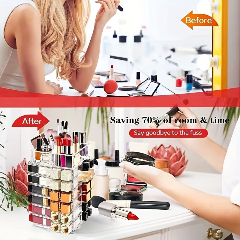 53-Grid Transparent Acrylic Makeup Organizer - Rotating Cosmetic Display Stand for Lipsticks, Brushes, Perfumes & Skincare - Space-Saving Countertop Storage with Elegant Design for Vanity or Bathroom, Makeup Vanity Desk, Sleek Design, Durable Construction