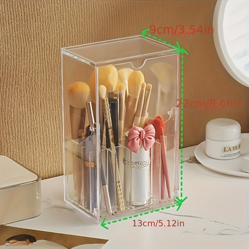 Clear Makeup Brush Organizer with Lid - Transparent Cosmetic Storage Box, Vanity Organizer with Dustproof Cover, Bathroom Countertop Organizer for Professional or Home Use, Space-Saving Makeup Display Case, Makeup Vanity Desk, Durable Plastic Material