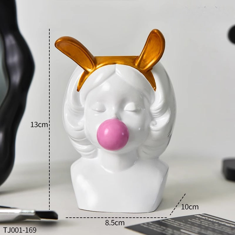1pc Cute Bubble-Blowing Girl Desk Organizer - Elegant White & Golden Accent Pen Holder, Makeup Brush Storage, Decorative Office & Home Decoration - Perfect Gift for Women, Girls, Teachers, Students - Birthday, Valentine's, Easter Present - Stable Base for