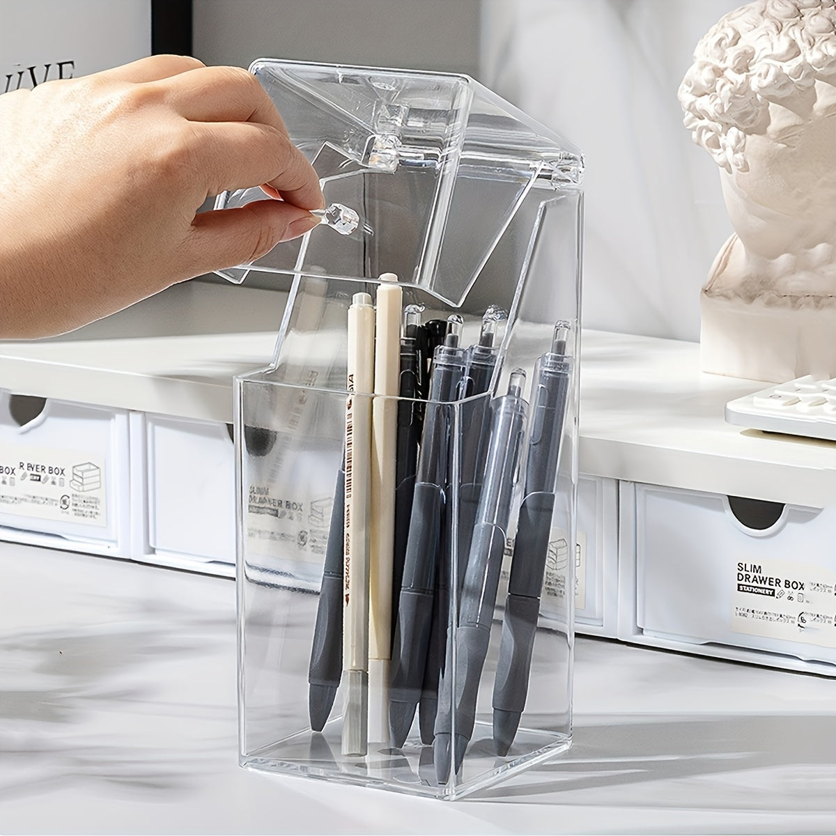 1 Clear Acrylic Desk Organizer with Lid - Dustproof Storage Box for Makeup Brushes & Pens, Sleek Transparent Design for Easy Access & Visibility, Makeup Brush Holder|Modern Storage Solution|Clear Acrylic Material