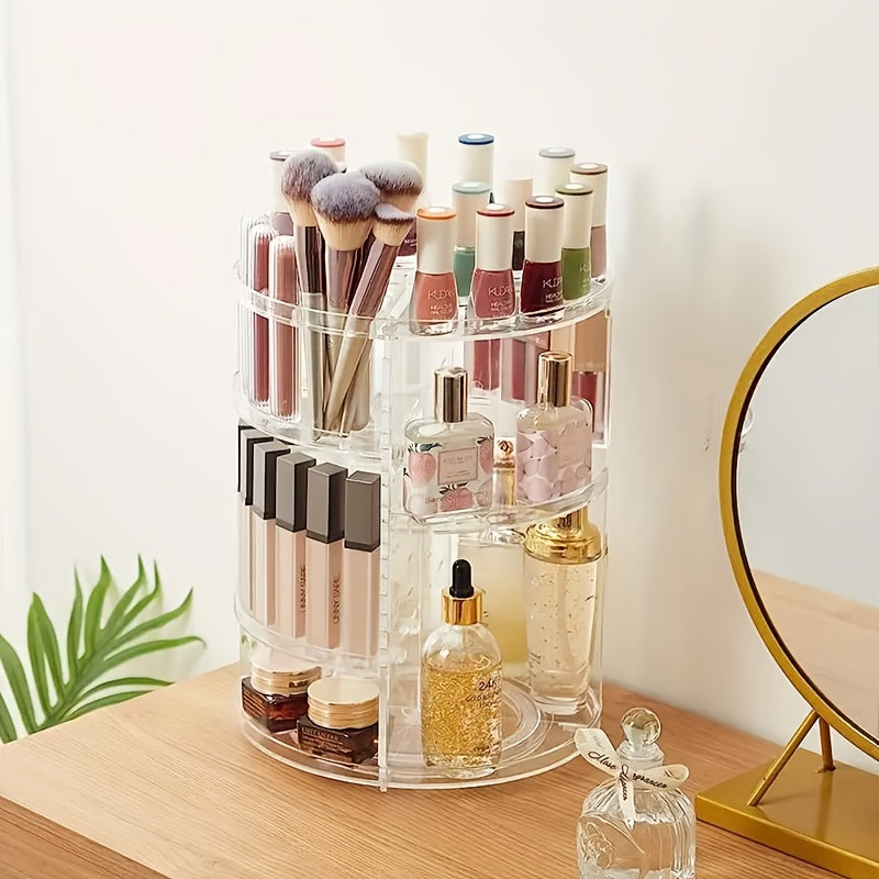 Rotating Makeup Storage Box, Multi-Layer Adjustable Rotating Skincare Organizer, Bathroom Storage Rack with Brush Holder And Perfume Tray, Multifunctional Storage Organizer Suitable for Vanity, Bathroom, And Workbench.