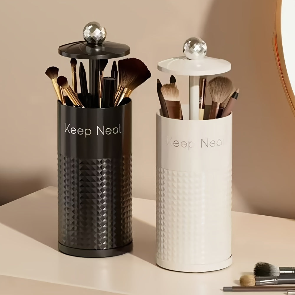 1pc Automatic Pop-Up Cosmetic Organizer with Dust-Proof Lid - Durable Plastic Makeup Brush Holder for Vanity & Bathroom Countertop, Black & White Brush Storage Tubes, No Power Needed, Makeup Vanity Desk, Sleek Design, Sturdy Construction, Beauty