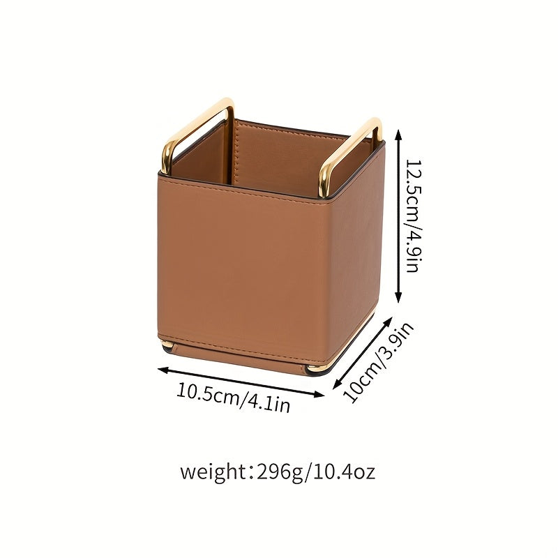 [1pc Faux Leather Storage] 1pc Lightweight Faux Leather Storage Tube | Makeup Brush Organizer, Vanity Eyebrow and Eyeshadow Brush Holder, Metal Frame Leather Pen Case, Desktop Remote Control Key Storage Box, Stylish Square Storage Box, Multifunctional