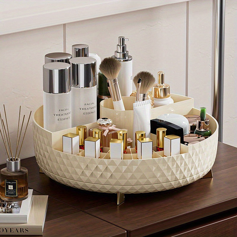 1pc High-End Rotating Makeup Organizer - 11.2" Diamond-Pattern Cosmetic Storage Container with Multiple Compartments, Durable Plastic Vanity Organizer for Lipstick, Skincare & Brushes, Freestanding Bathroom Countertop Display, Valentine's Day Gift,