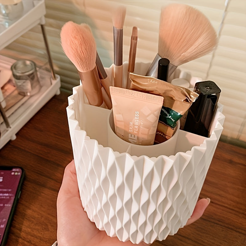 360° Rotating Makeup Brush Holder with Transparent Dome Lid - Dustproof & Waterproof White Hexagonal Organizer, Spacious Countertop Storage for Brushes & Skincare Products, Durable Plastic Vanity Organizer with 360° Spin, No Power Required, Bathroom &