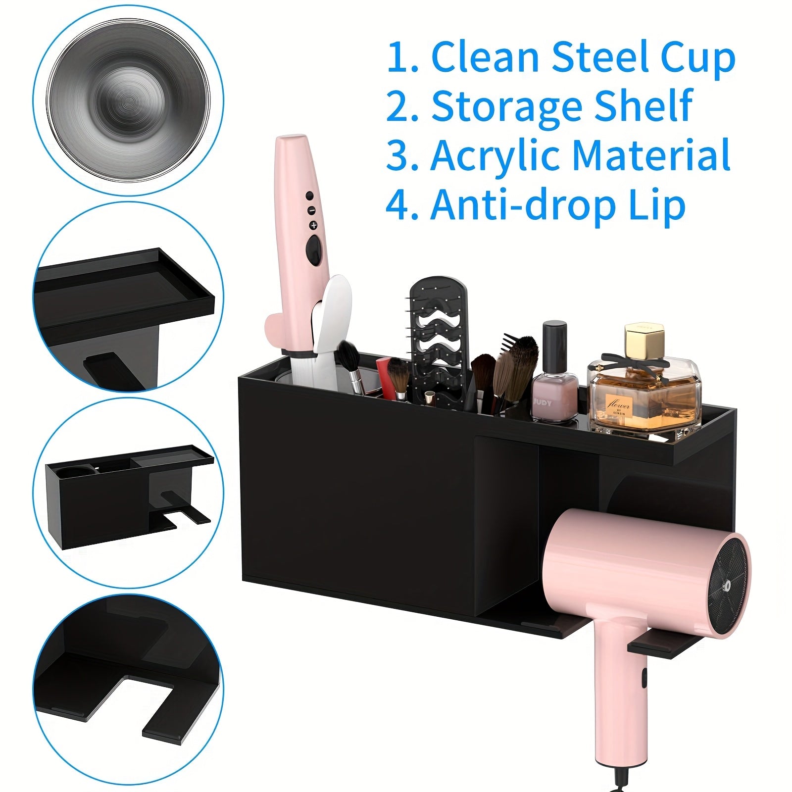 Acrylic Hair Tool Organizer Organizer - Heat-Resistant Adjustable Storage For Hair Dryers, Straighteners & Curling Irons | Makeup Brush Holder | Space-Saving For Bathroom, Vanity, Travel & Salon Stations | Perfect For Stylists, Brides & Home Users
