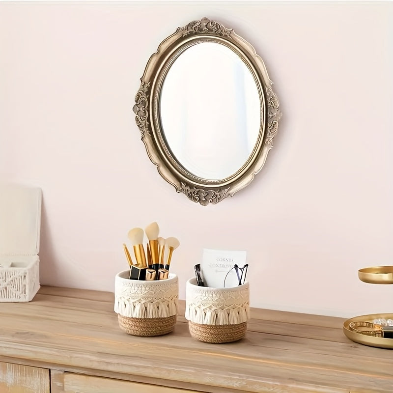 SENDPISTIL Vintage Round Woven Desktop Storage Basket with Fringe - Natural Fabric Makeup Brush Organizer for Vanity, Bathroom & Desk - Decorative Cosmetic Accessories Organizer, Shelf Baskets