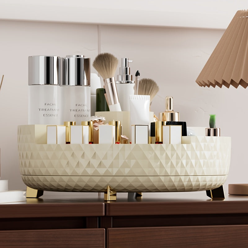1pc High-End Rotating Makeup Organizer - 11.2" Diamond-Pattern Cosmetic Storage Container with Multiple Compartments, Durable Plastic Vanity Organizer for Lipstick, Skincare & Brushes, Freestanding Bathroom Countertop Display, Valentine's Day Gift,