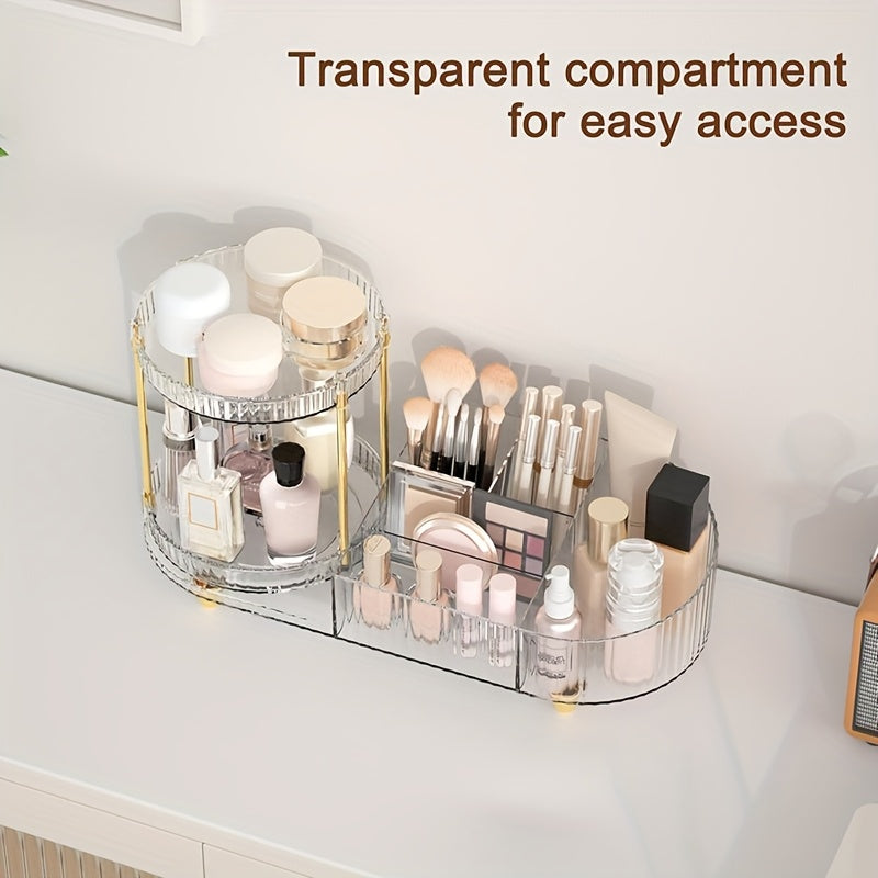 2-Layer Transparent Acrylic Makeup Storage Box with Transparent Golden (Silvery) Foot Pad, Makeup Storage Rack for Dressing Table to Store Skincare Products, Brushes, Perfume