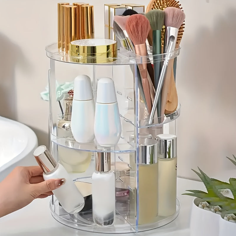 Rotating Makeup Storage Box, Multi-Layer Adjustable Rotating Skincare Organizer, Bathroom Storage Rack with Brush Holder And Perfume Tray, Multifunctional Storage Organizer Suitable for Vanity, Bathroom, And Workbench.
