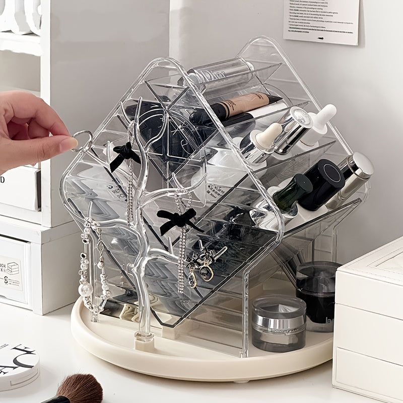 Faridabio 360-Degree Rotating Makeup Organizer with Brush Holder - Freestanding Vanity Cabinet, Heavy-Duty Clear Plastic Construction, Space-Saving Bathroom Storage for Makeup, Jewelry, Beauty Products - No Assembly Needed, Modern Vanity Organizer, Makeup