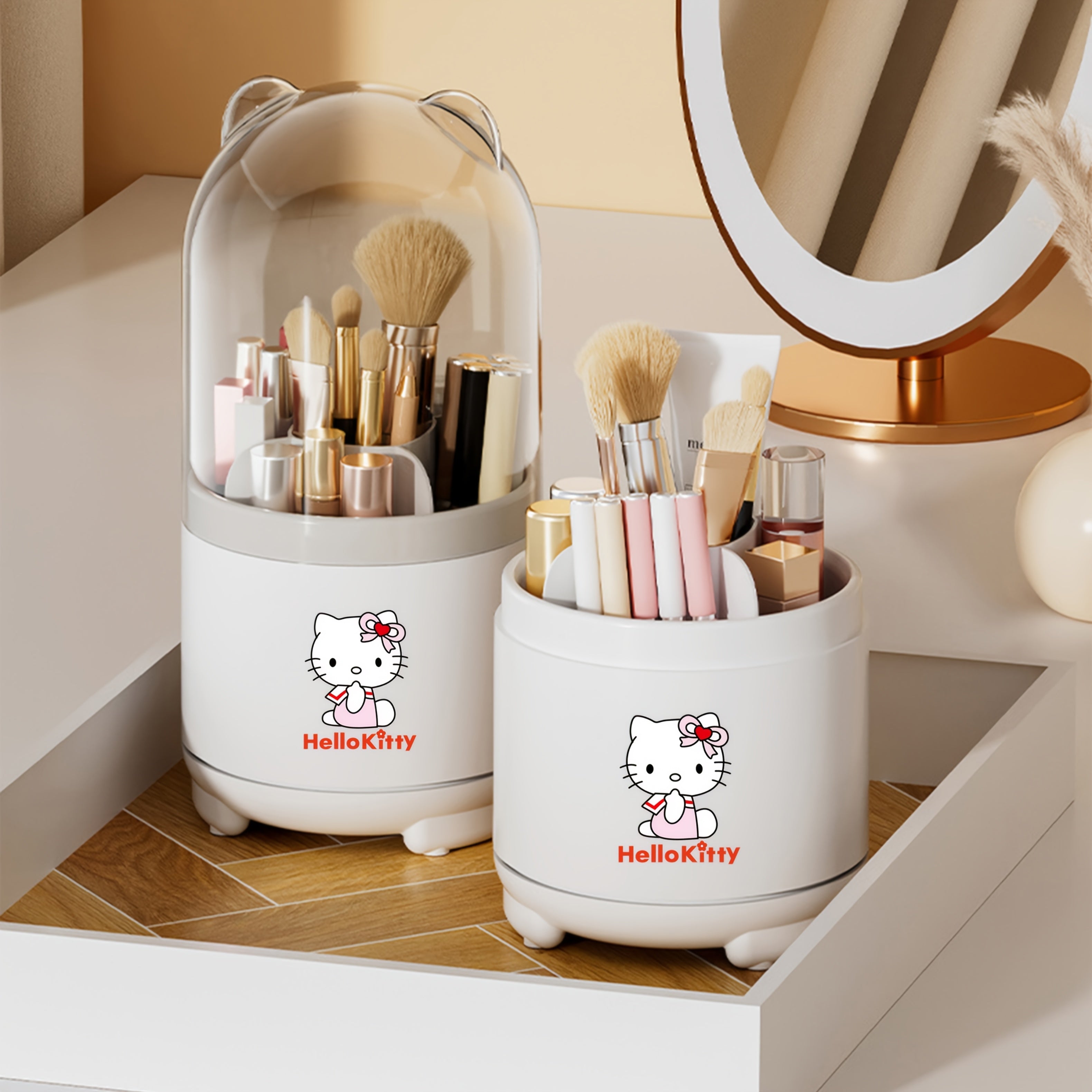 Sanrio for hello kitty 360° Rotating Makeup Brush Organizer with Transparent Lid - Cute Polished White & Pink Design, Dustproof & Moisture-Resistant Desktop Storage Box for Bathroom Vanity, Makeup Brushes for Vanity, Playful Character Decor