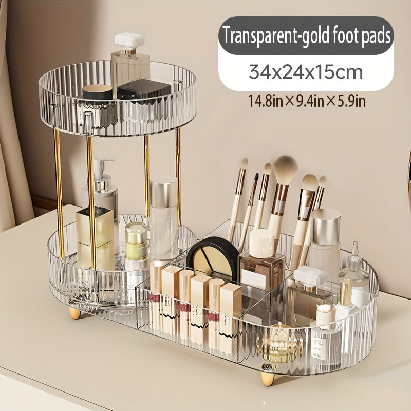 2-Layer Transparent Acrylic Makeup Storage Box with Transparent Golden (Silvery) Foot Pad, Makeup Storage Rack for Dressing Table to Store Skincare Products, Brushes, Perfume