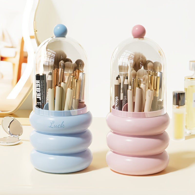 1pc Rotating Makeup Organizer with Brush Holder - Multi-Compartment Cosmetic & Office Storage Box, Durable Plastic Countertop Organizer for Bathroom, Vanity, Desk - Space-Saving Design for Pens, Brushes, Toothbrushes, Makeup Brushes, Makeup Vanity Desk,