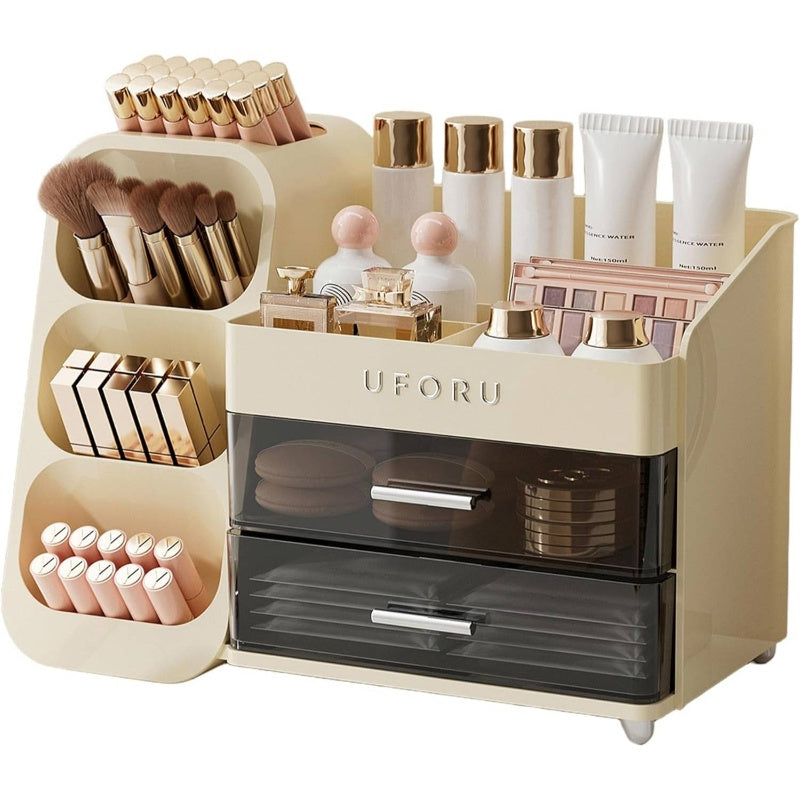 Makeup Organizer Vanity with Brush Holder, Countertop Organizer with 2 Drawers, Spacious Cosmetic Display Beauty Essential, Skincare, Lipstick, Makeup Organizer with Mirror, Cosmetics Storage Organizer, Makeup Storage Box, Makeup Organizers And Storage,